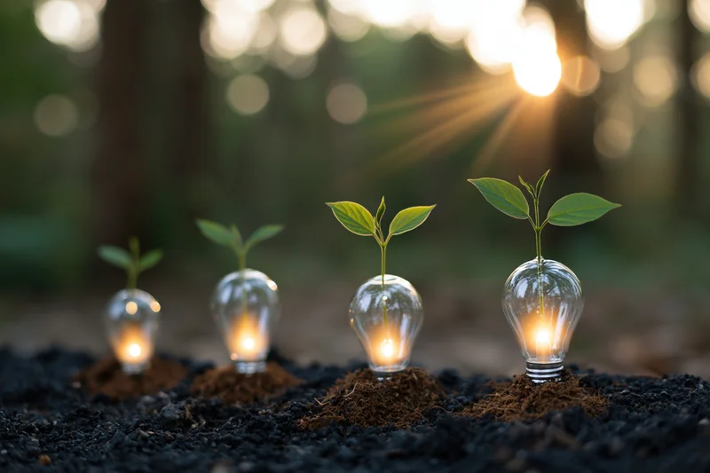 Four seedlings growing from glowing lightbulbs in soil under forest sunlight