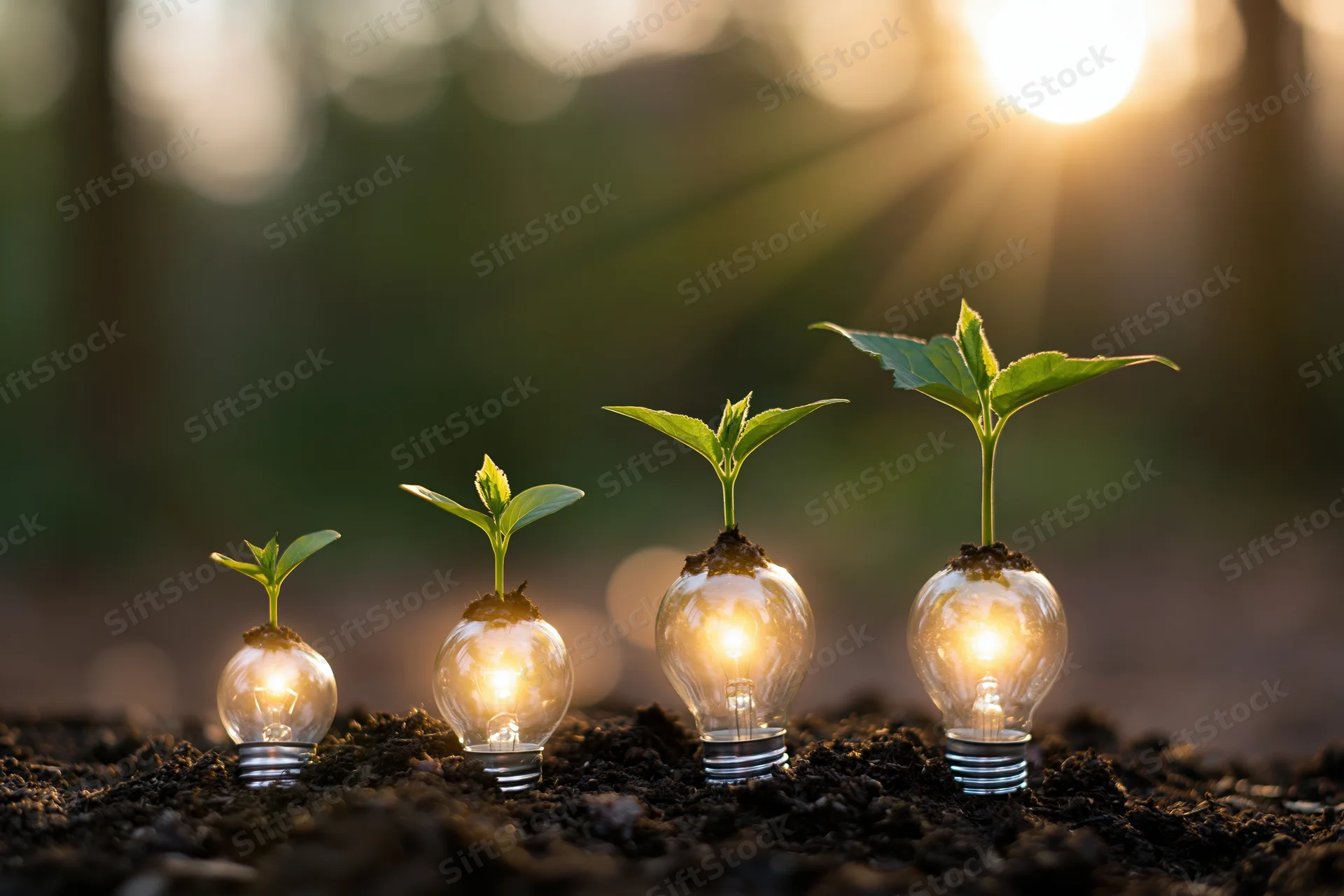 Four glowing lightbulbs with seedlings growing from soil in a forest at sunrise