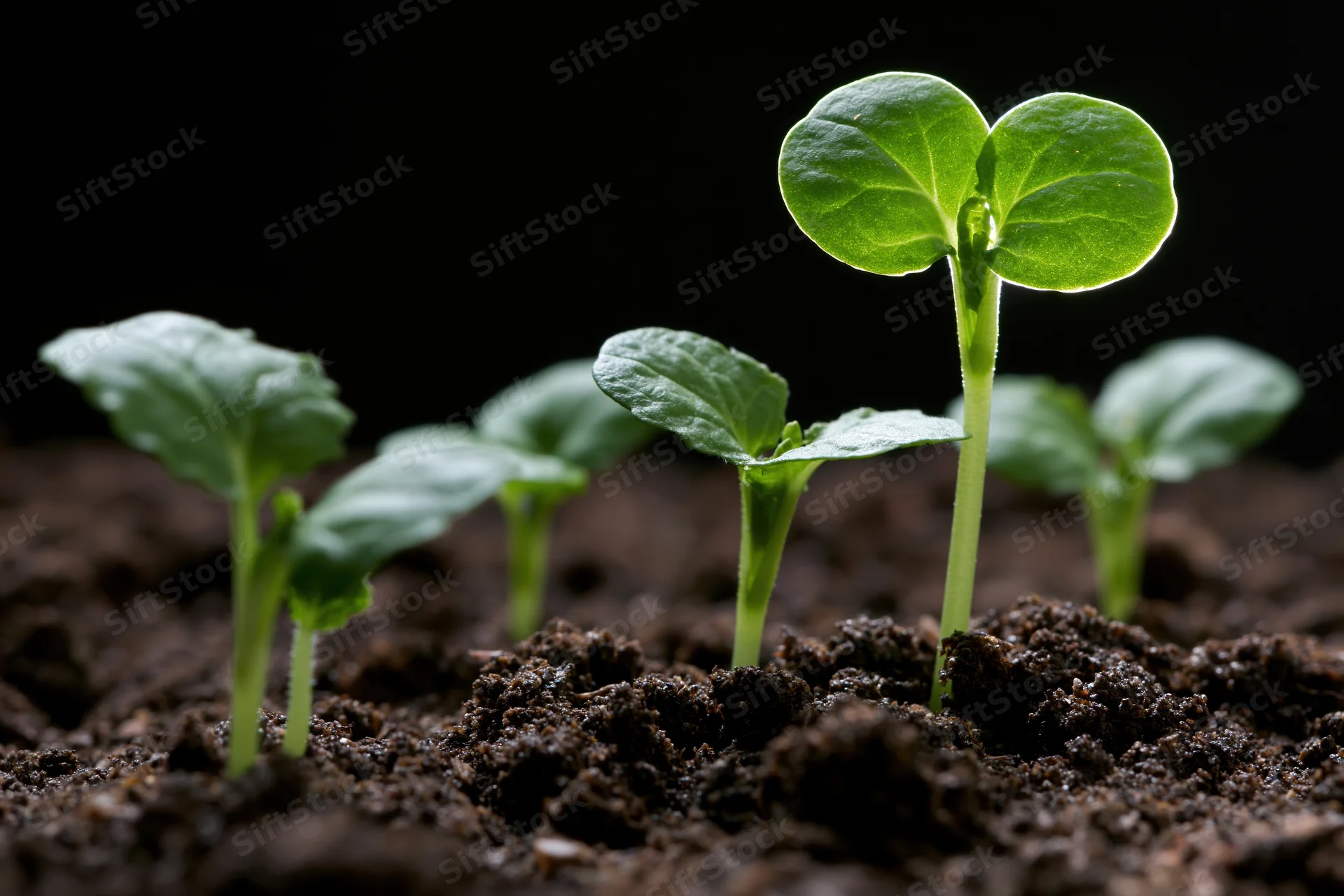 Small green seedlings sprouting from dark moist soil in close-up view