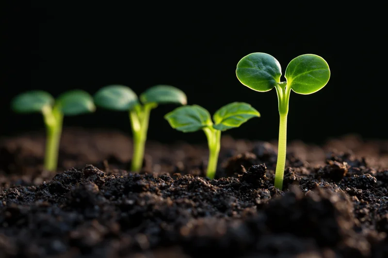 Four green seedlings sprouting from dark moist soil in a row