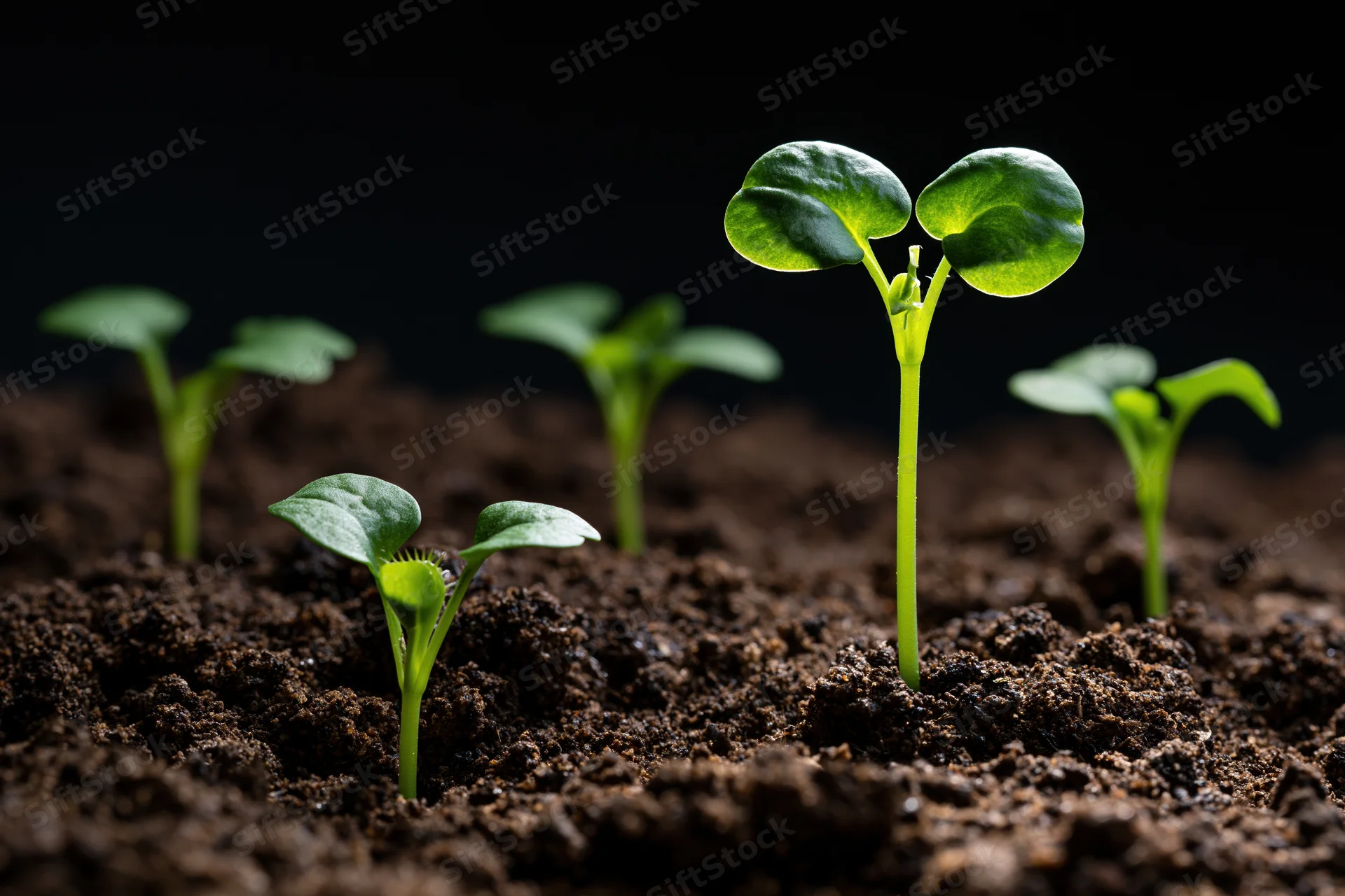 Small green seedlings sprouting from dark moist soil in a close-up view