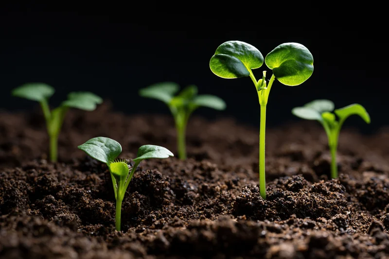 Small green seedlings sprouting from dark moist soil in a close-up view