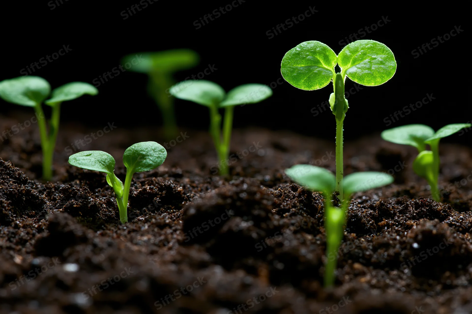 Small green seedlings sprouting from dark moist soil against black background