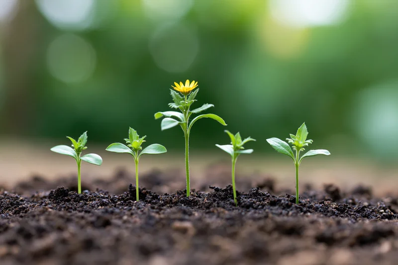 Five seedlings in a row showing growth stages in dark soil with one blooming yellow flower