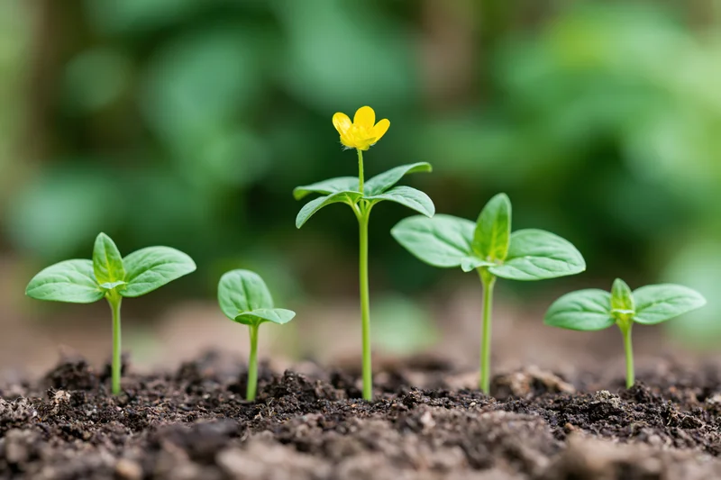 Row of seedlings at different growth stages emerging from dark soil in a garden setting