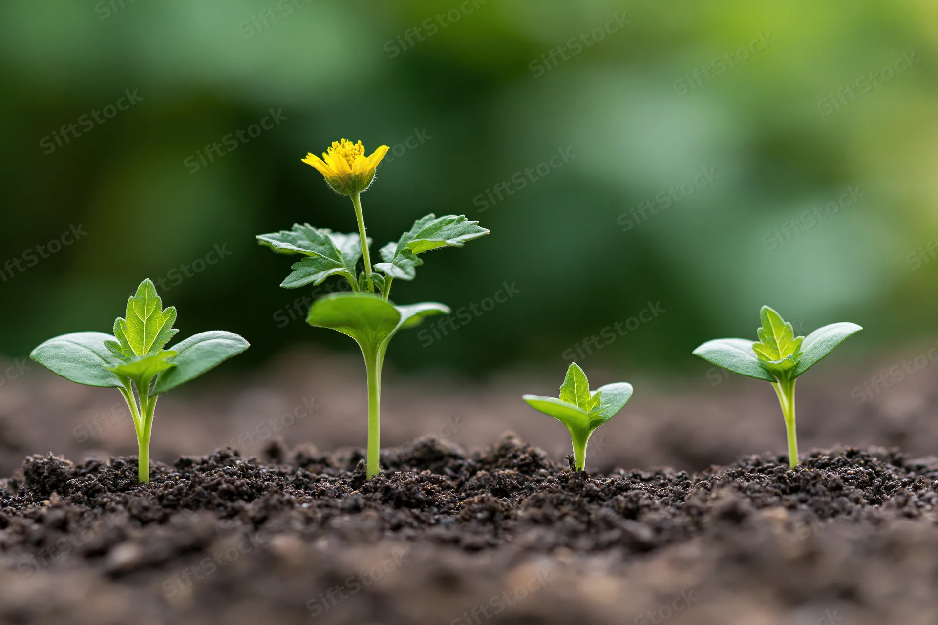 Four seedlings in various growth stages emerging from dark soil in a garden setting
