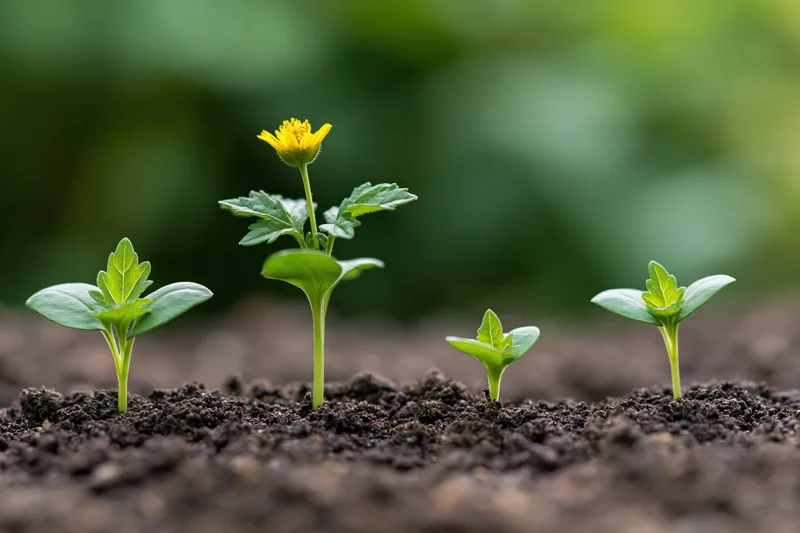 Four seedlings in various growth stages emerging from dark soil in a garden setting