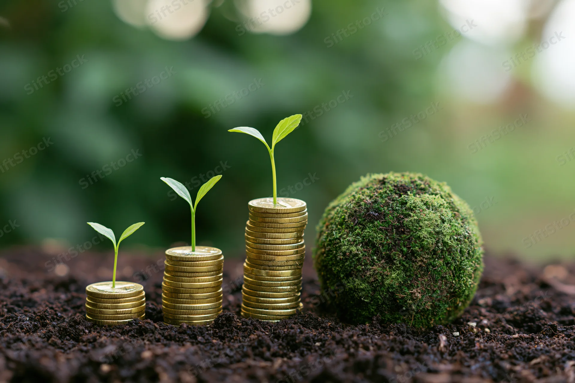 Seedlings growing from stacks of coins in soil beside a moss-covered sphere