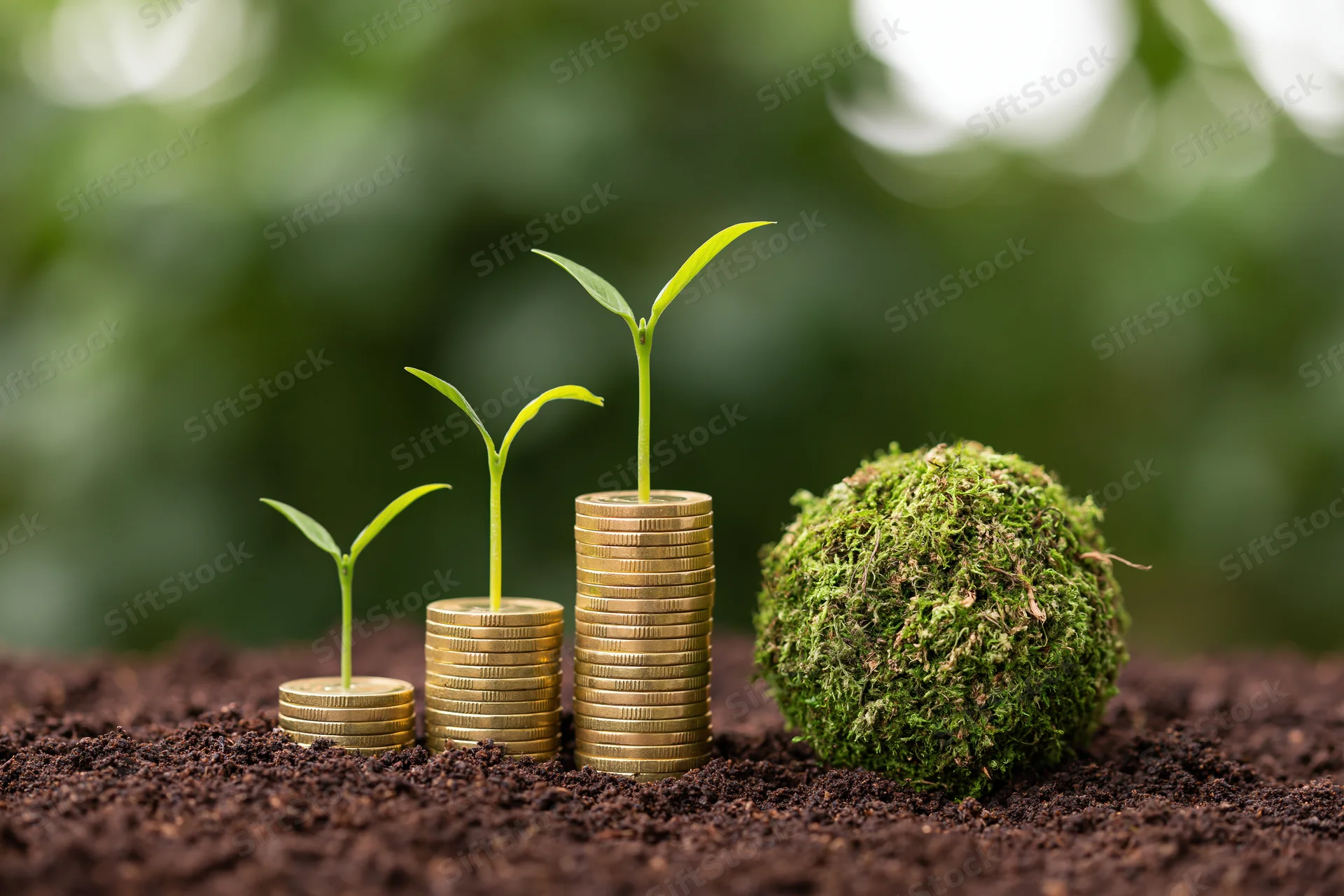 Seedlings growing from stacks of coins in soil beside a moss-covered sphere