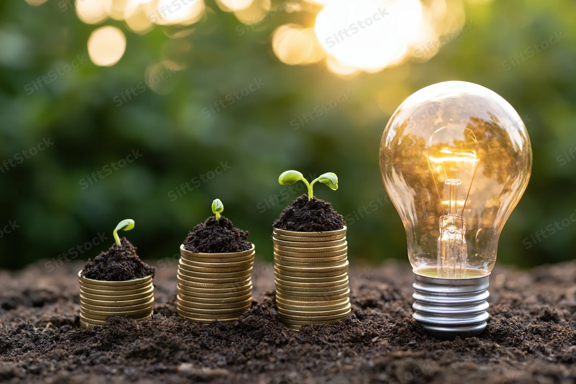 Stacks of coins with sprouting plants in soil beside a glowing lightbulb outdoors