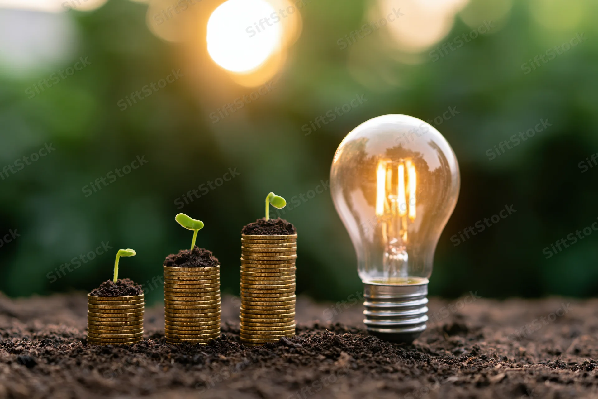 Stacks of coins with sprouting plants in soil beside a glowing lightbulb