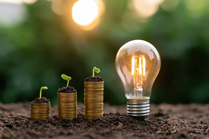 Stacks of coins with sprouting plants in soil beside a glowing lightbulb