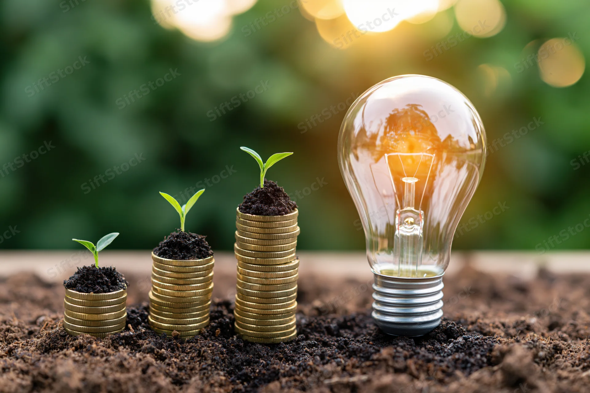 Stacks of coins with growing plants and a lightbulb in soil, symbolizing financial growth and innovation