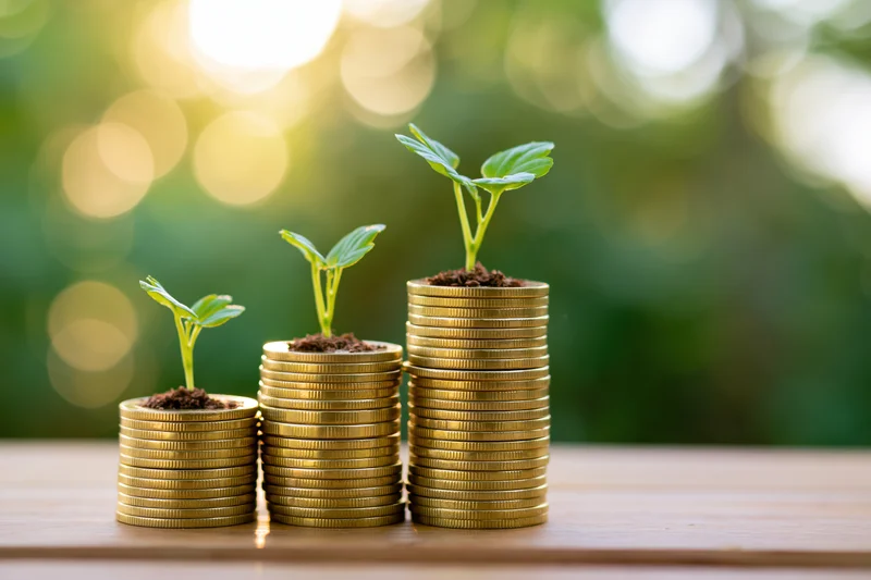 Three stacks of gold coins with growing plants on top arranged in ascending height on a wooden table outdoors
