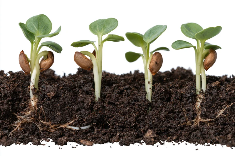 Four seedlings at different germination stages emerging from soil against white background
