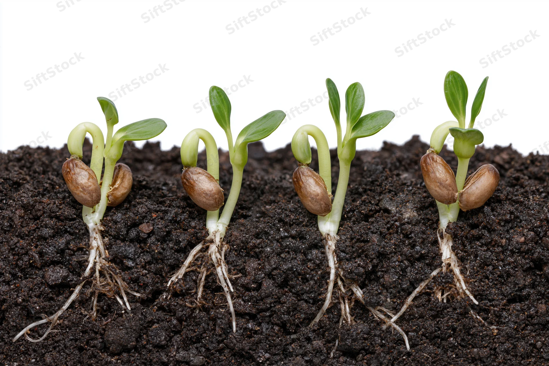 Four seedlings at different germination stages emerging from soil with visible roots and cotyledons on white background