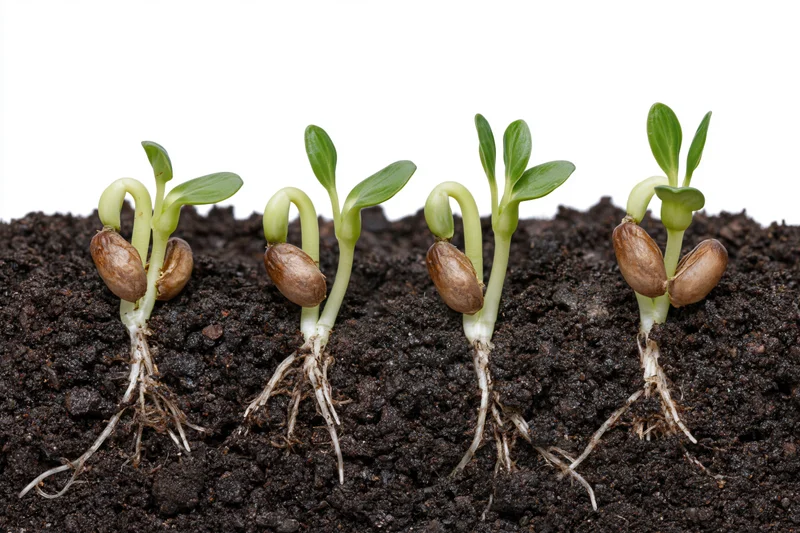 Four seedlings at different germination stages emerging from soil with visible roots and cotyledons on white background