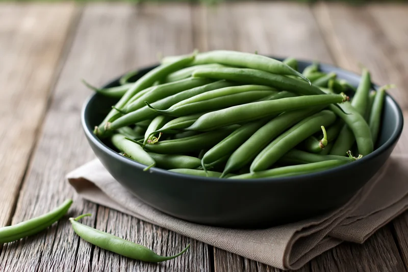 Fresh green beans piled in a dark ceramic bowl on a wooden table with a cloth napkin