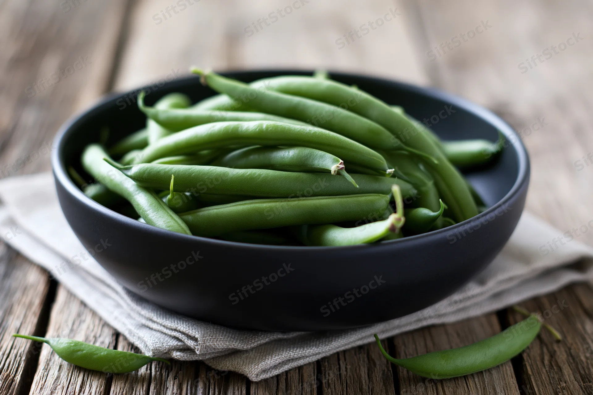 Fresh green beans piled in a dark ceramic bowl on a wooden table with a linen napkin