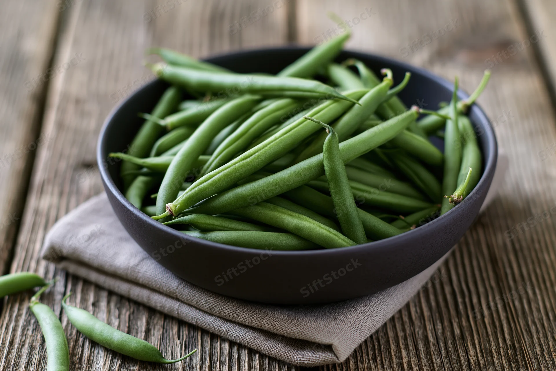 Fresh green beans piled in a dark ceramic bowl on a wooden table