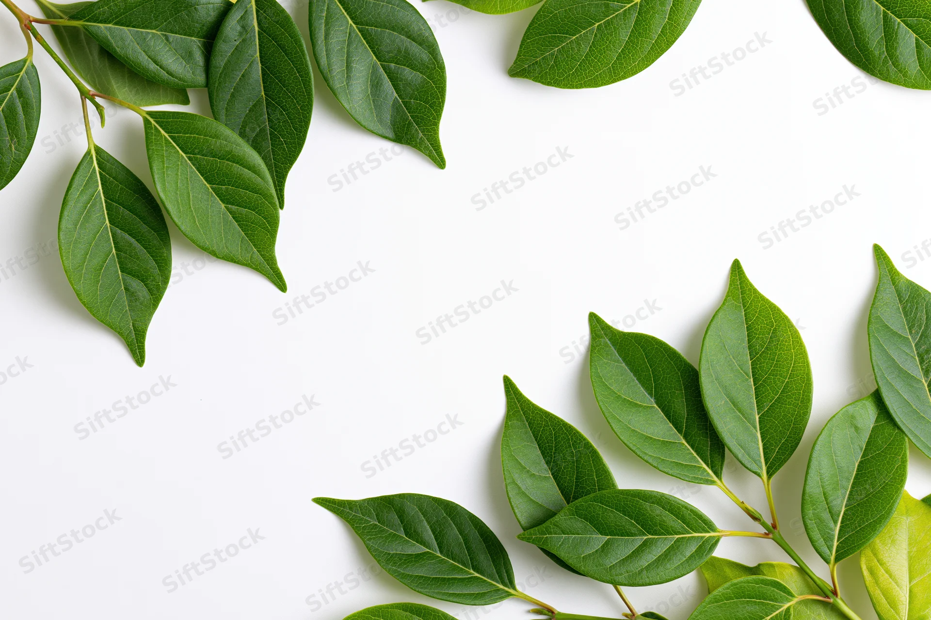Green leaves arranged as corner frame border on white background