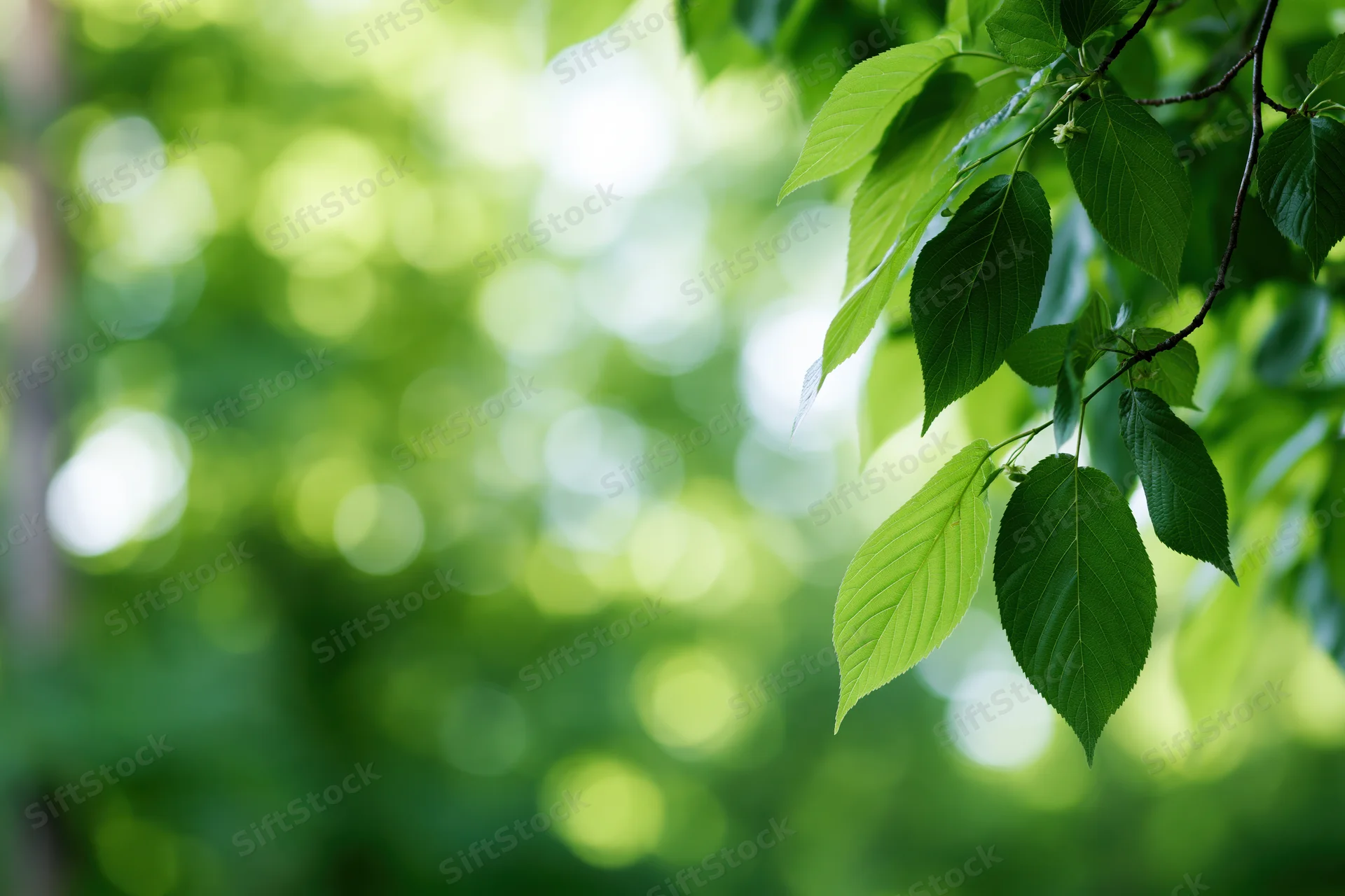 Green leaves on a branch in a sunlit forest setting