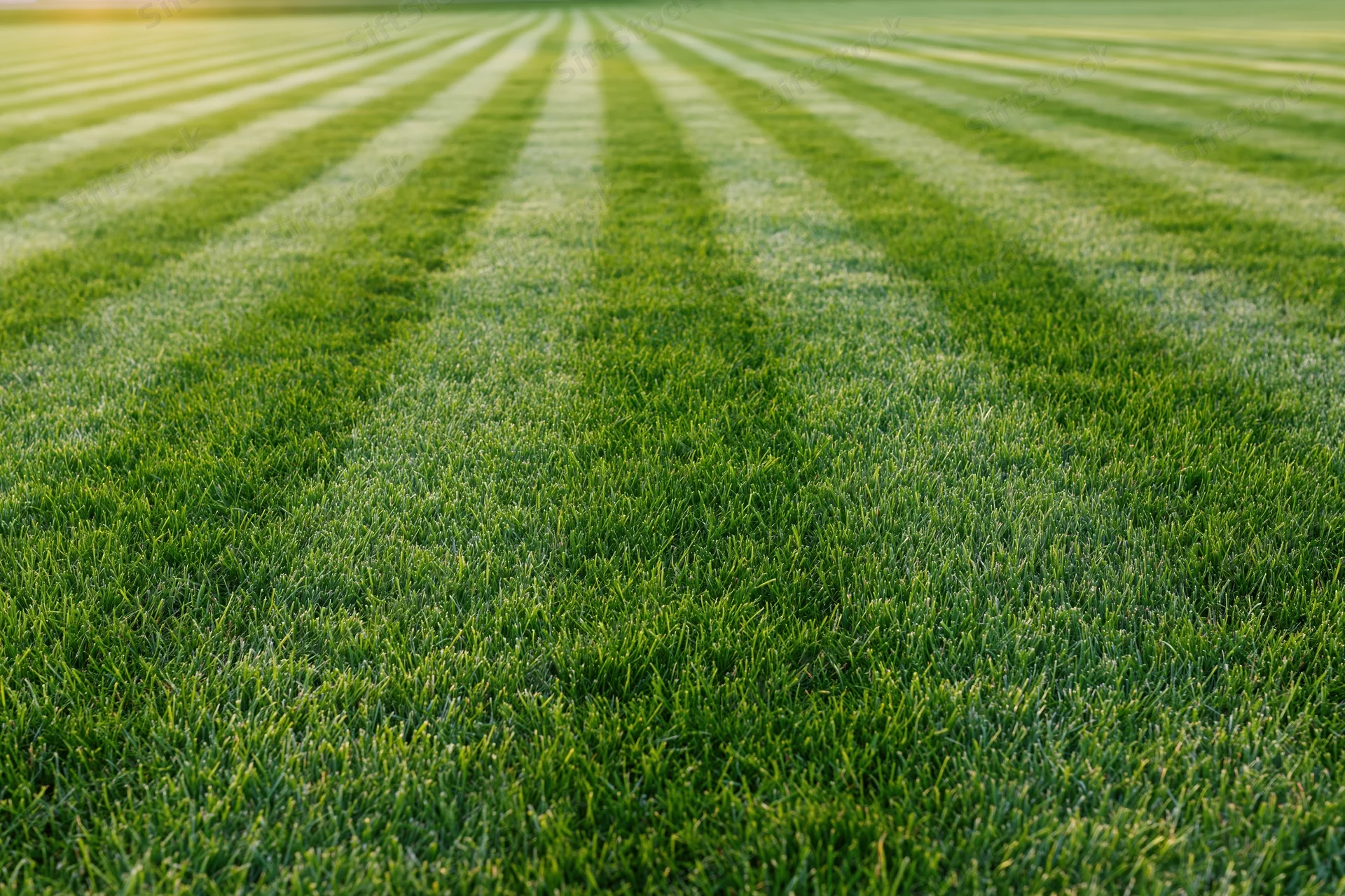 Freshly mowed grass field with striped pattern stretching to the horizon