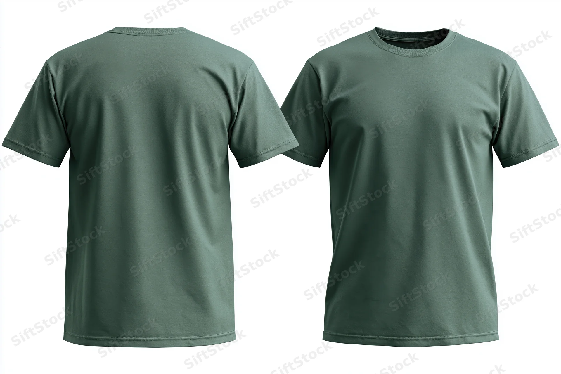 Front and back view of a plain forest green crew-neck t-shirt on white background