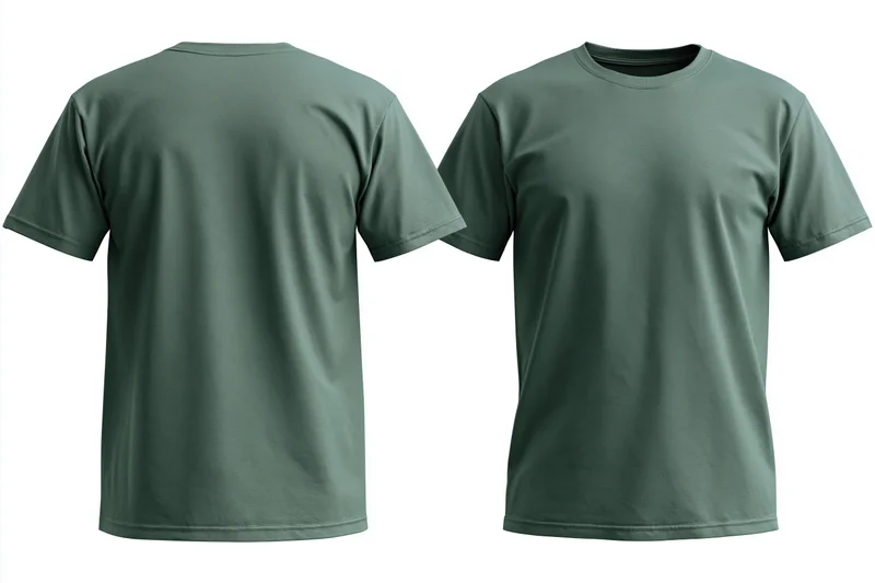 Front and back view of a plain forest green crew-neck t-shirt on white background