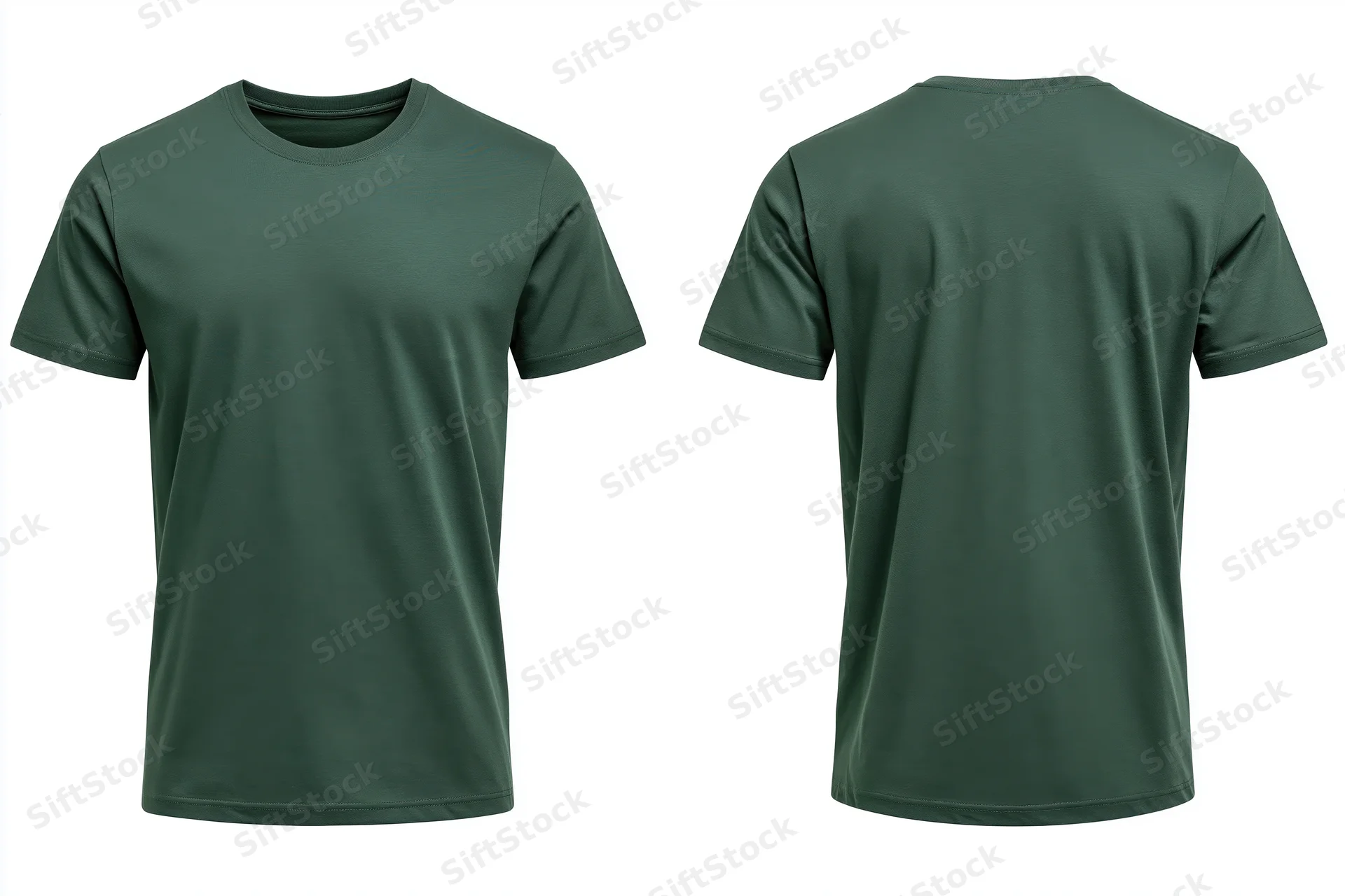 Front and back view of a plain forest green crew-neck tshirt on white background