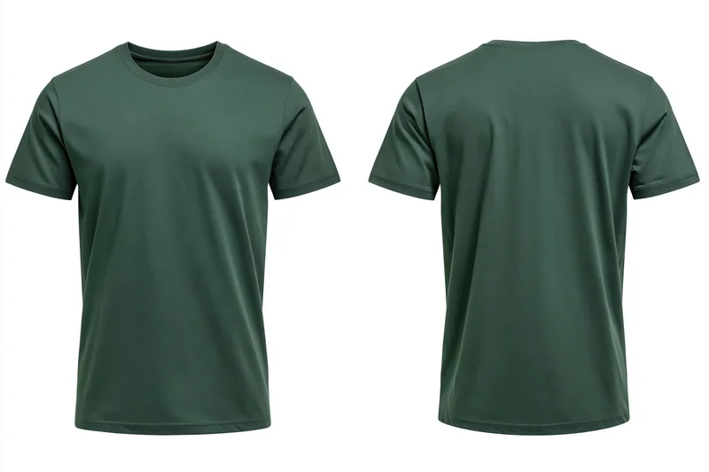 Front and back view of a plain forest green crew-neck tshirt on white background
