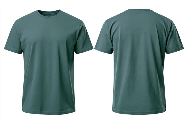 Front and back view of a plain forest green crew-neck cotton tshirt on white background