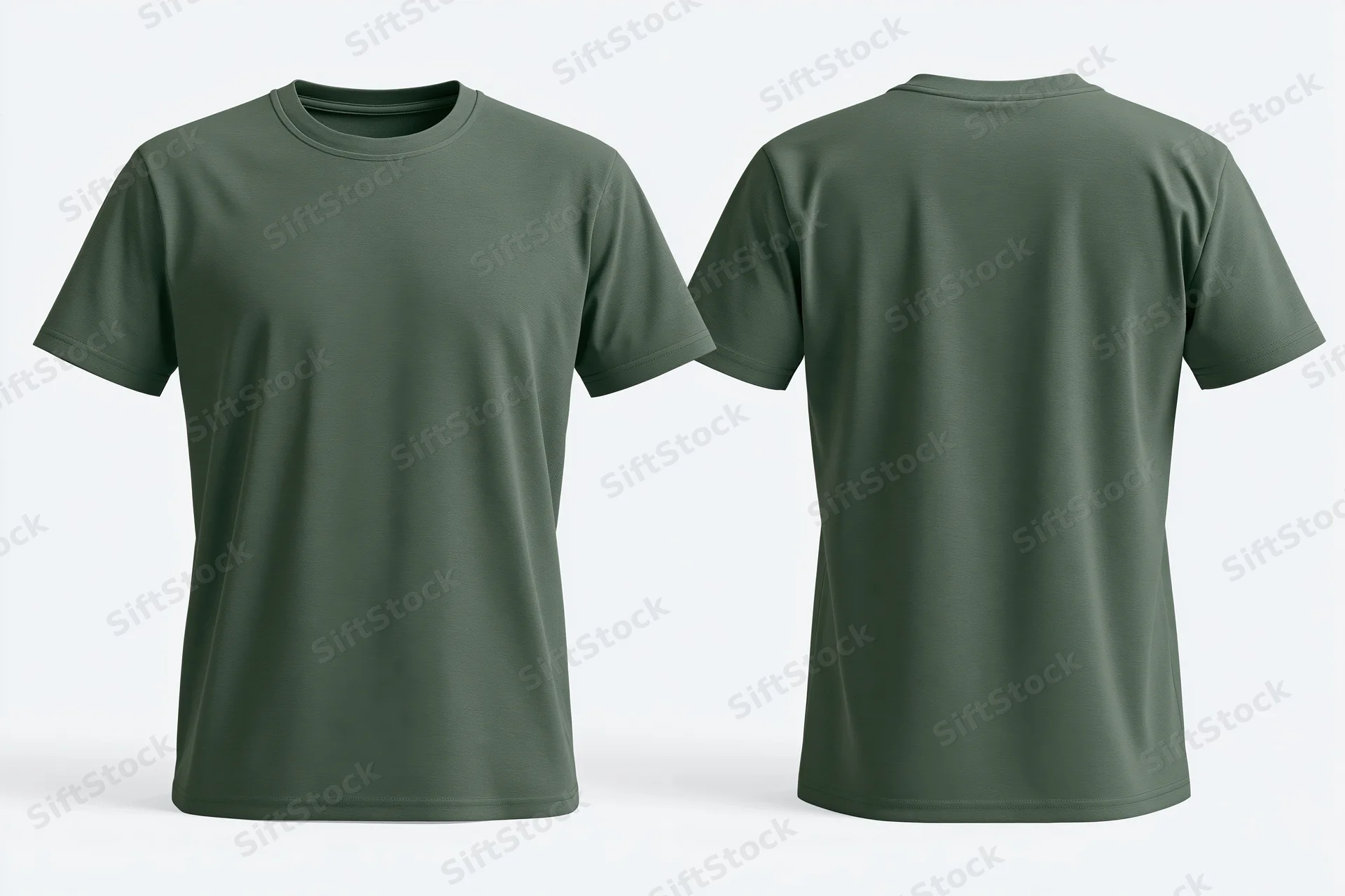 Front and back view of a plain forest green crew-neck tshirt on white background