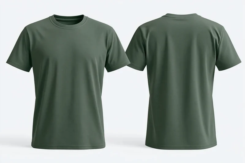 Front and back view of a plain forest green crew-neck tshirt on white background