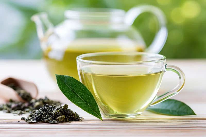 Glass cup of green tea with tea leaves on a bamboo mat