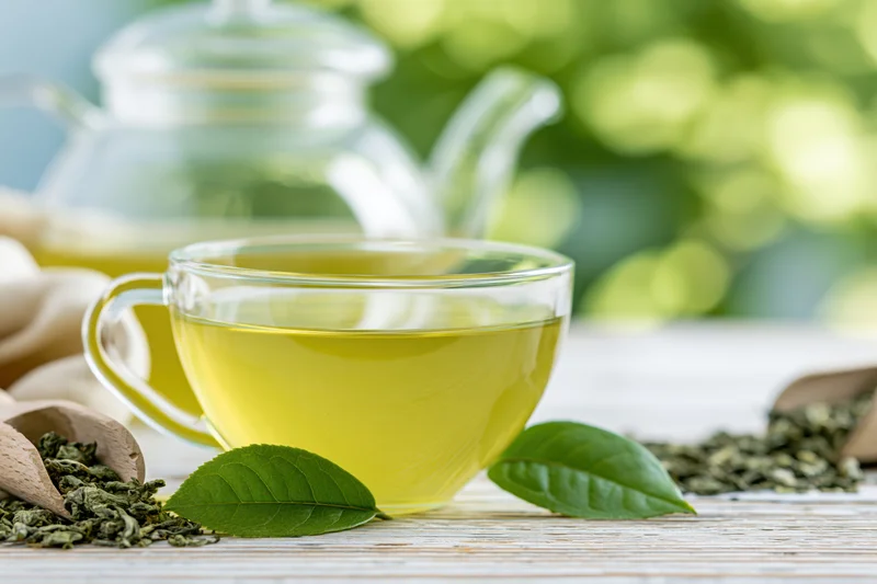 Glass cup of green tea on wooden surface with tea leaves and teapot in soft focus background