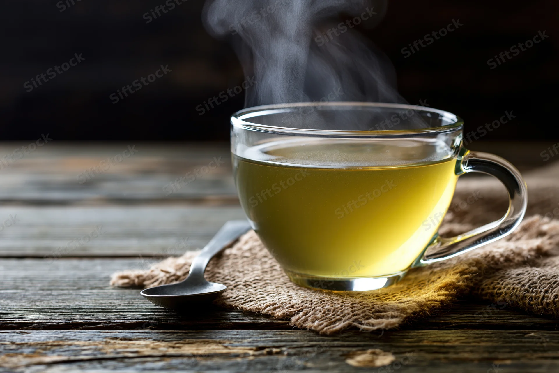 Steaming green tea in a glass cup on burlap cloth over wooden table