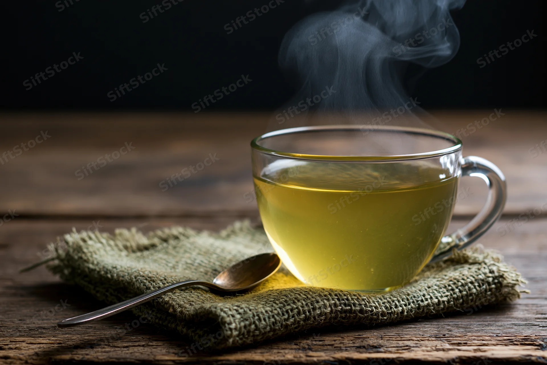 Steaming green tea in a glass cup on burlap cloth with spoon on wooden table
