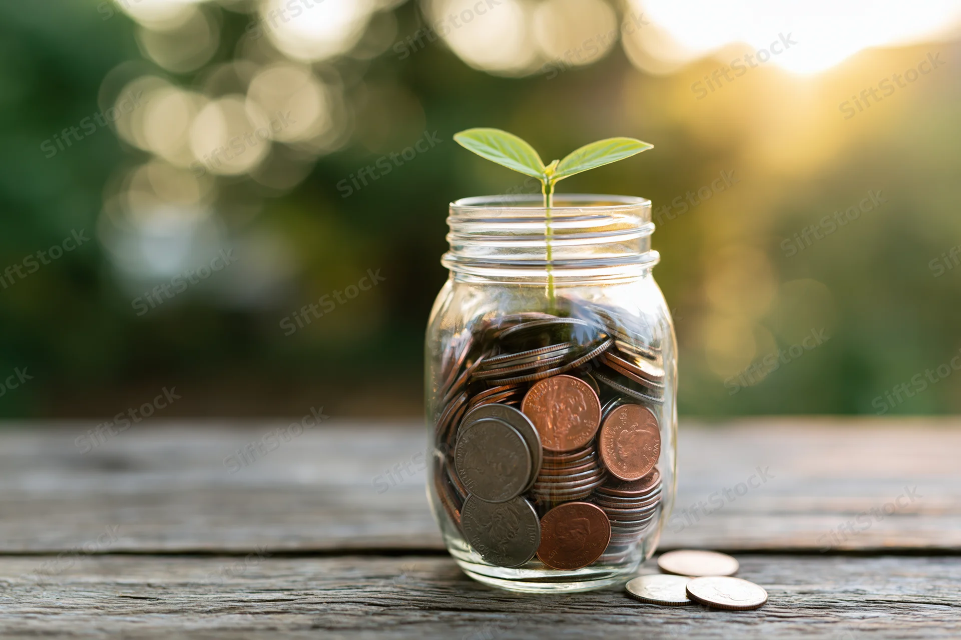 Glass jar filled with coins and a small green sprout growing from it on a wooden surface