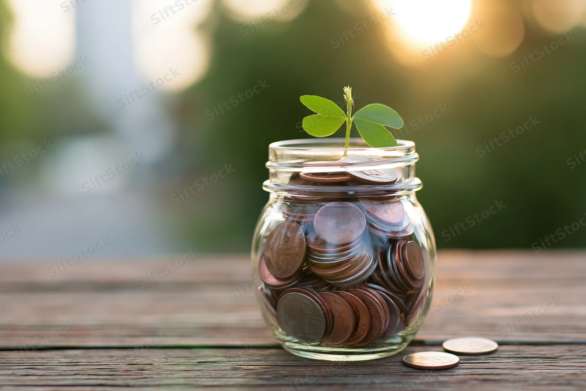 Glass jar filled with coins and a small green sprout on a wooden table outdoors in sunlight