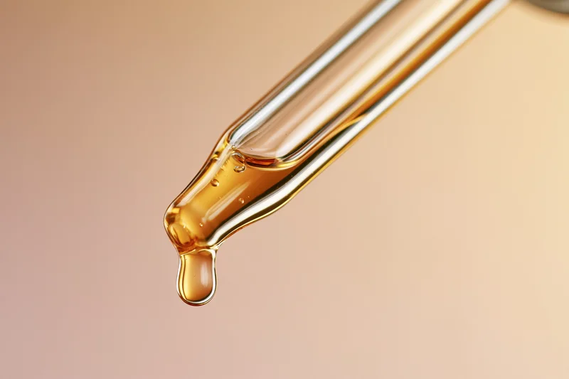 Glass pipette dropper releasing golden serum drop against soft beige background