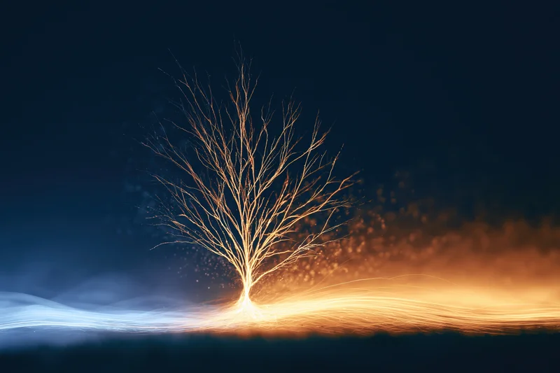 Glowing abstract tree silhouette made of light trails against dark blue sky with orange glow at base