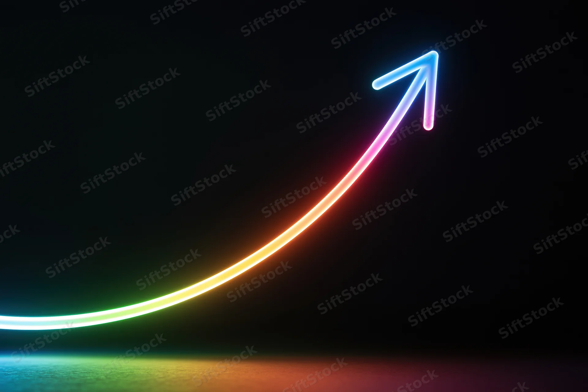 Glowing neon arrow curving upward on dark background with rainbow gradient light trail
