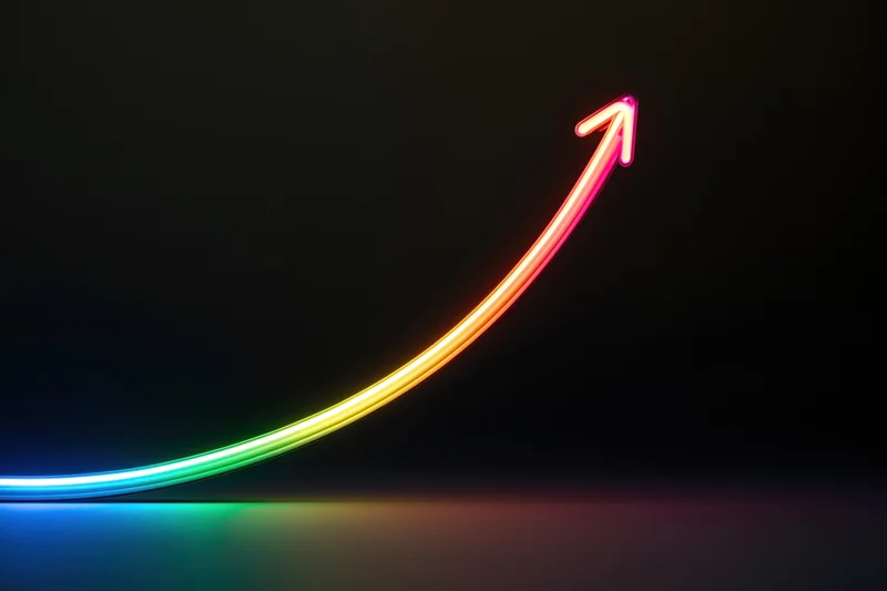Glowing neon arrow curving upward on dark background with rainbow gradient light trail