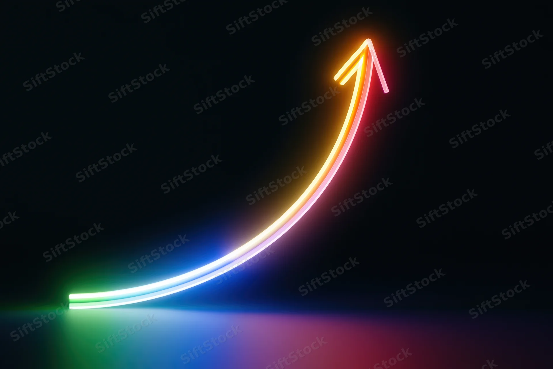 Glowing neon arrow curving upward on dark background with rainbow gradient light trail