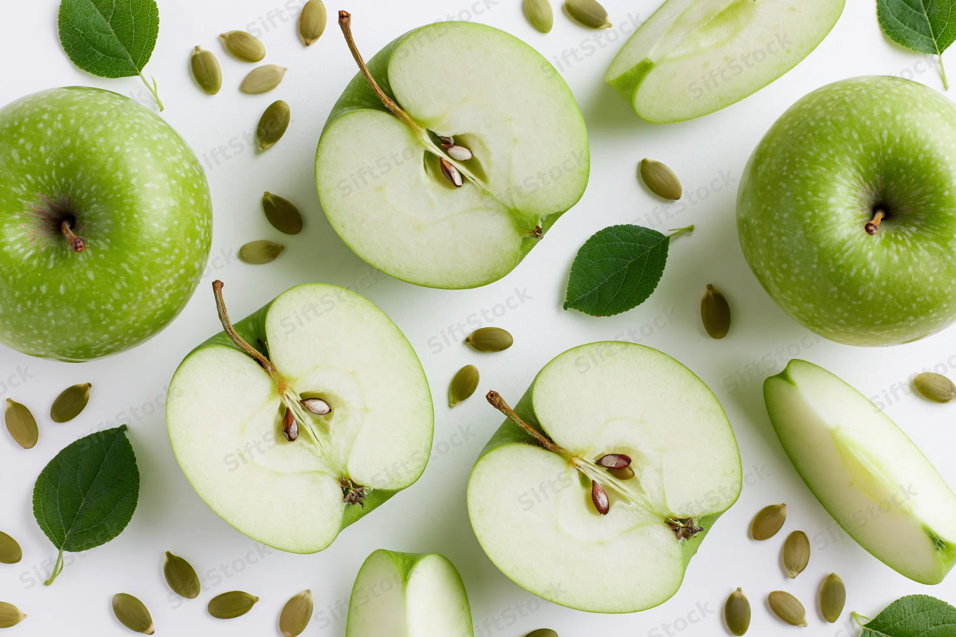 Green apples cut into halves and wedges arranged with leaves and seeds on white surface
