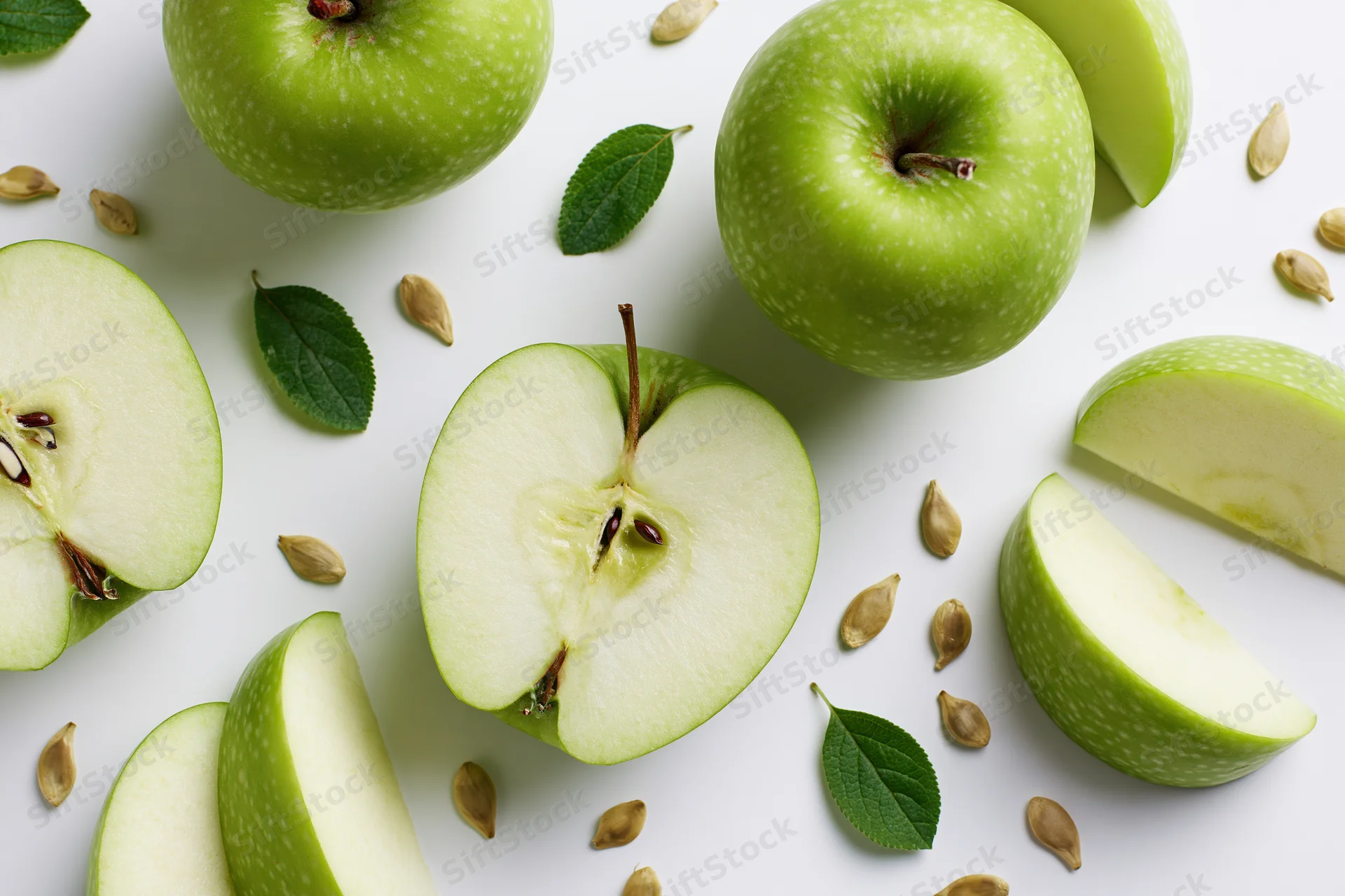 Green apples whole and sliced with seeds and leaves arranged flat on white surface