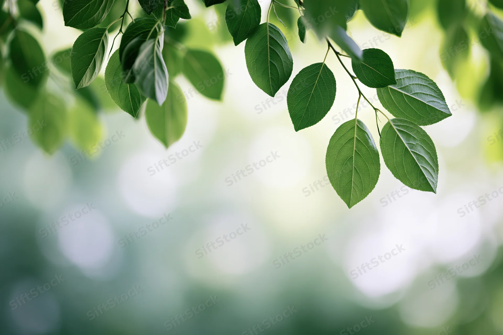 Green leaves hanging from a tree branch against a blurred natural background