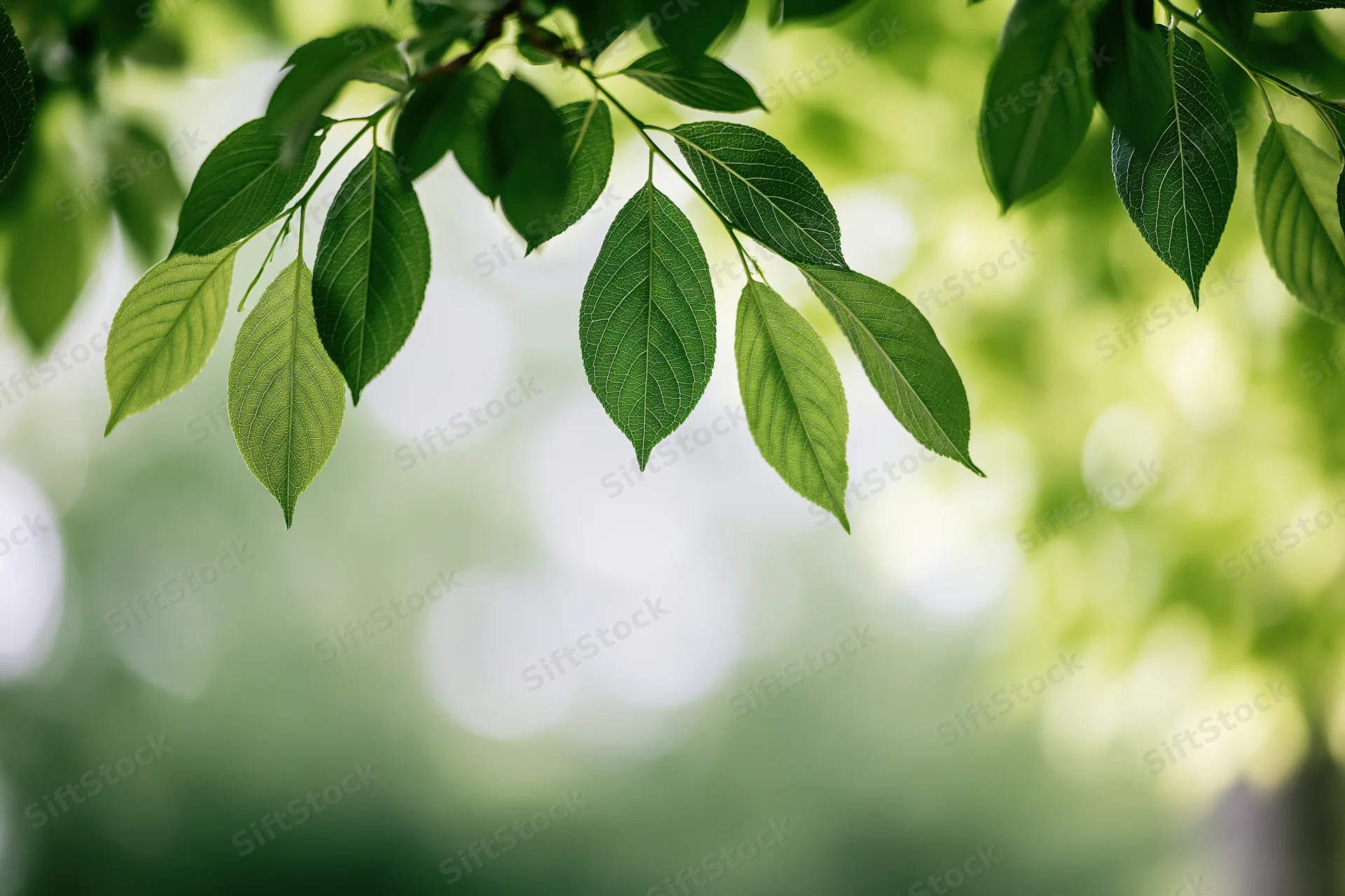 Green leaves hanging from a tree branch in a sunlit outdoor setting