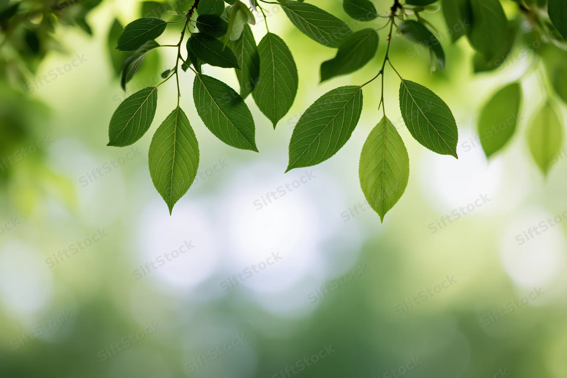 Green leaves hanging from a tree branch against a blurred natural background